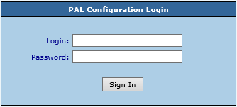 Login interface for PAL Configuration with fields for username and password.